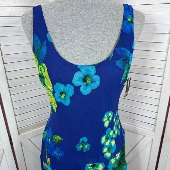 New Directions Tropical Flower Print Tiered Maxi Slip Dress Blue Green 10 - Picture 5 of 11
